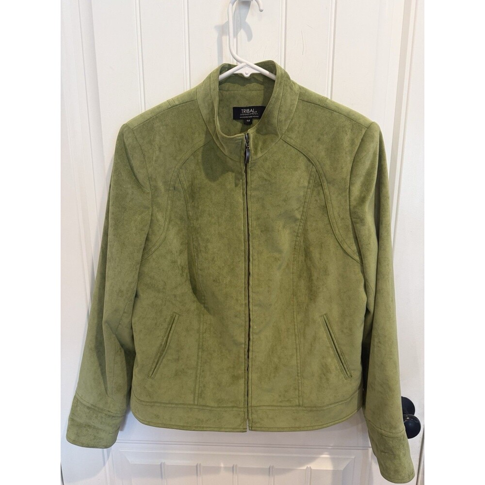 Tribal Stretch Women’s Size 12 Suede Zip Jacket Sage Green Tailored